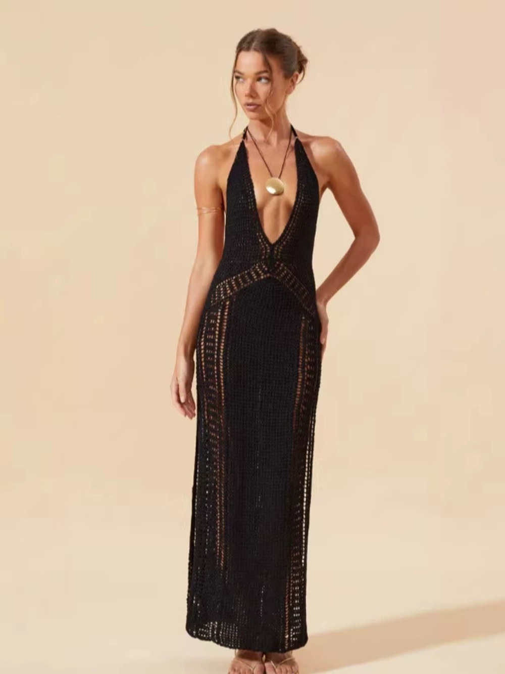 ZARA Summer Knitted Maxi Dress Womens Elegant Deep V Neck Backless Bodycon Sexy